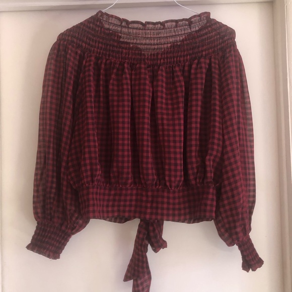 ❤️VICI Long Sleeve Off the Shoulder Checkered Red Black Puffy Waist Tie Top S - Picture 1 of 5